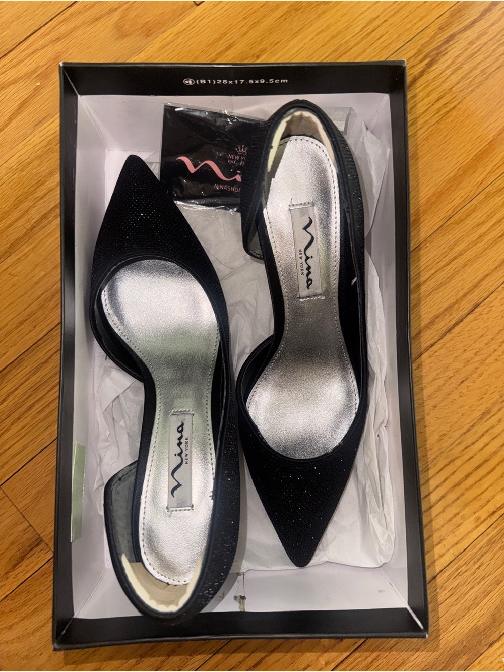 Nina Shoes Black Pointed D'Orsay Kitten Heels with Glitter